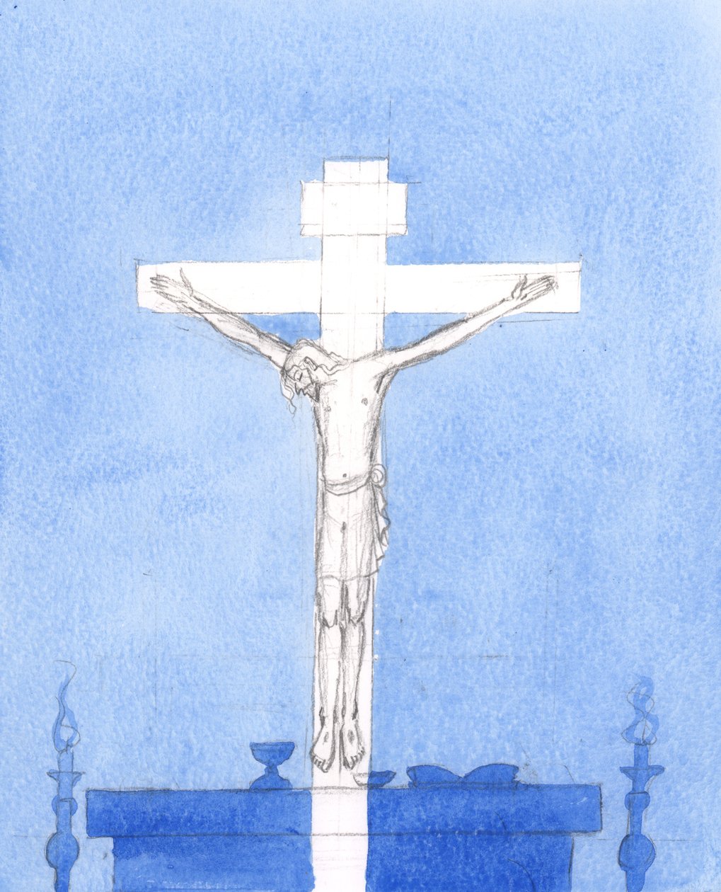 Après la Consécration, nous pouvons être certains que le Christ est présent parmi nous : Le Christ qui est mort sur la Croix, priant pour les pécheurs, et qui est présent maintenant, priant pour nous en notre temps, et offrant le même sacrifice, 2005 (aqua - Elizabeth Wang