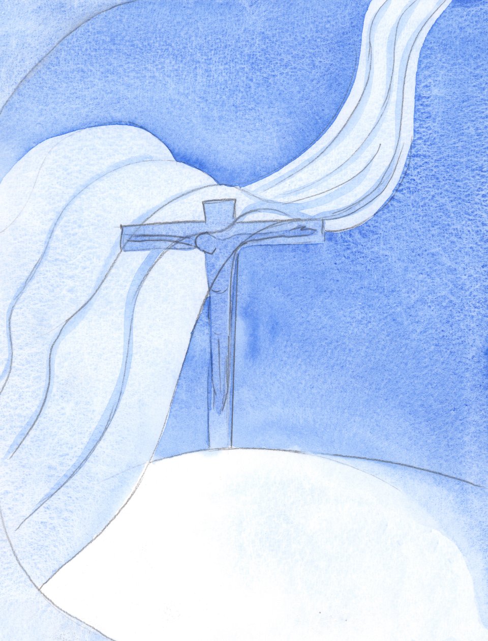Alors que le Christ verse son Sang dans une Nouvelle Alliance, un grand vent malveillant balaie la Croix, menaçant et détruisant - Elizabeth Wang