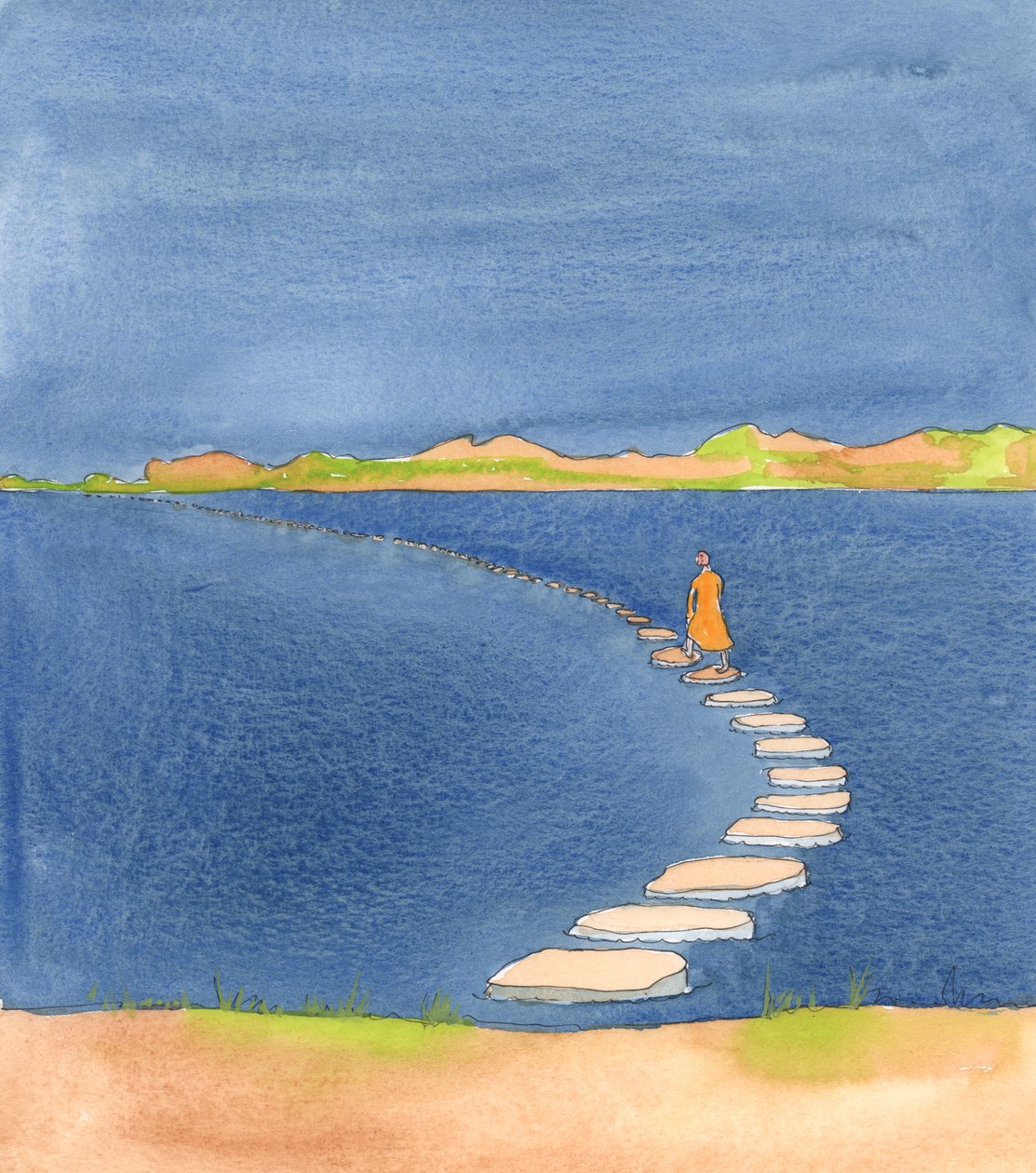Comme nous espérons finir notre vie avec Jésus pour toujours, le voyage chrétien est comme une promenade à travers la mer de Galilée sur un chemin parsemé de tremplins : tout à fait sûr tant que personne ne trébuche, 2005 (aquarelle sur papier) - Elizabeth Wang
