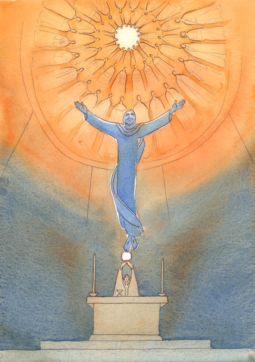 À chaque messe, le Christ intercède pour nous auprès du Père invisible, sous le regard émerveillé et reconnaissant de tous les saints, 2005 (aquarelle sur papier) - Elizabeth Wang