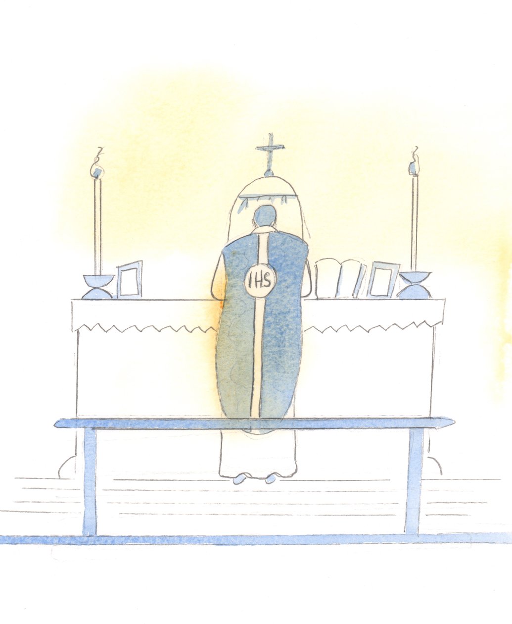 Le Christ se réjouit de la célébration de la forme extraordinaire de la messe, qui nous permet de vivre des aspects de la liturgie qui sont à la fois admirables et appropriés, 2005 (aquarelle sur papier) - Elizabeth Wang