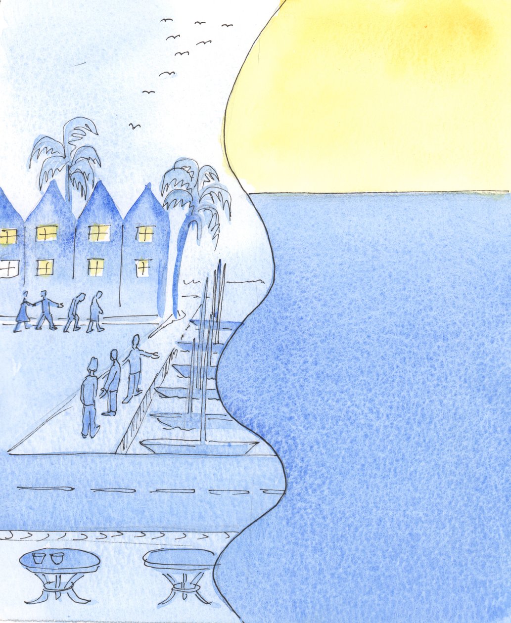 Dans une ville côtière, nous pouvons contempler les rues animées et le port, ou nous tourner pour admirer le ciel et la mer calme - Elizabeth Wang