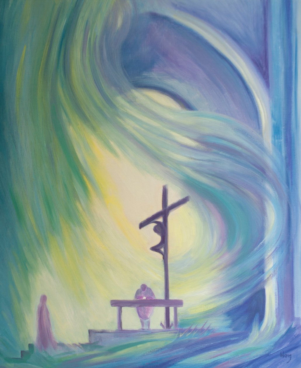 La messe est comme une fenêtre dans le temps, à travers laquelle nous sommes présents au sacrifice salvateur du Christ, comme Marie regarde, 2000 - Elizabeth Wang