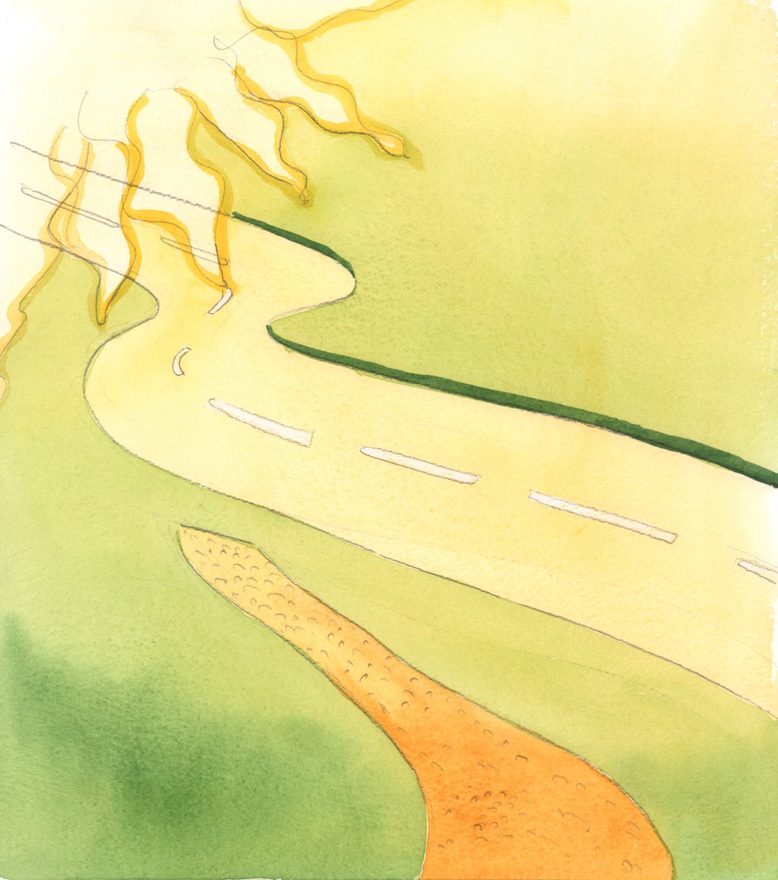 La nouvelle route en cours de construction représente le chemin jamais parcouru par le couple qui est maintenant devenu un couple marié uni par Dieu, 2005 (aquarelle sur papier) - Elizabeth Wang