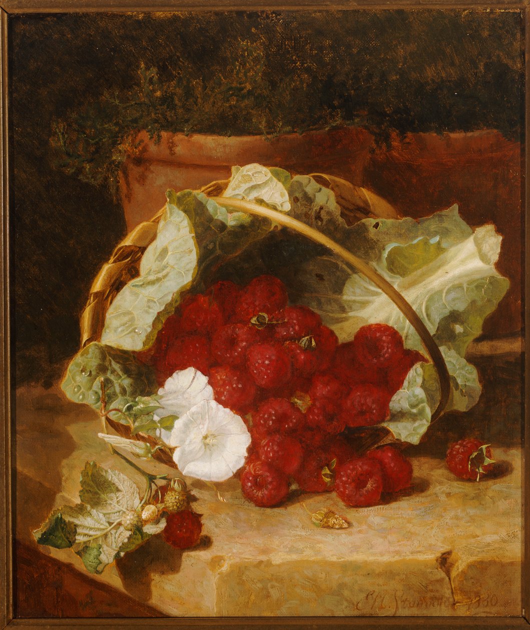 Framboises dans un panier doublé de feuilles de chou avec convolvulus blanc sur un rebord de pierre, 1880 - Eloise Harriet Stannard