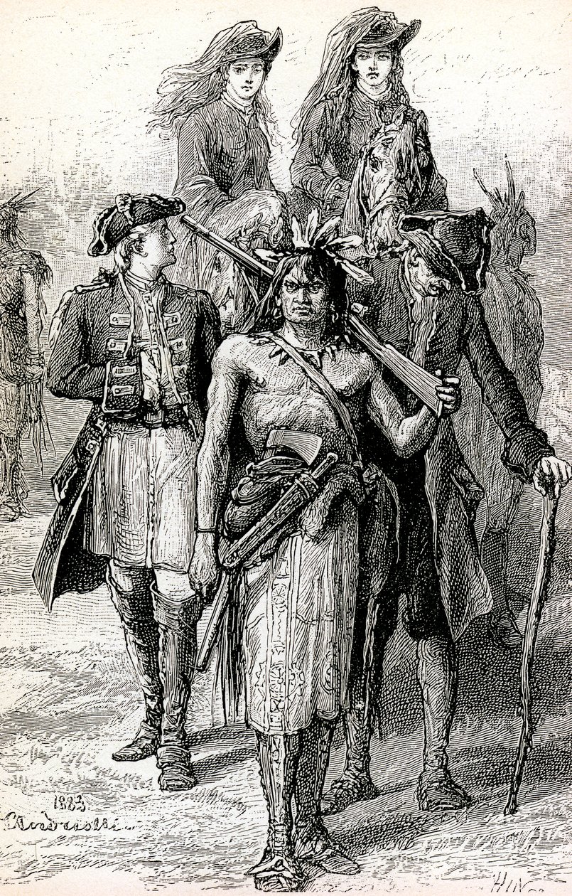 Magua führt Colonel Munros Töchter, mit Major Duncan Heyward und David La Gamme von Elviro Michael Andriolli