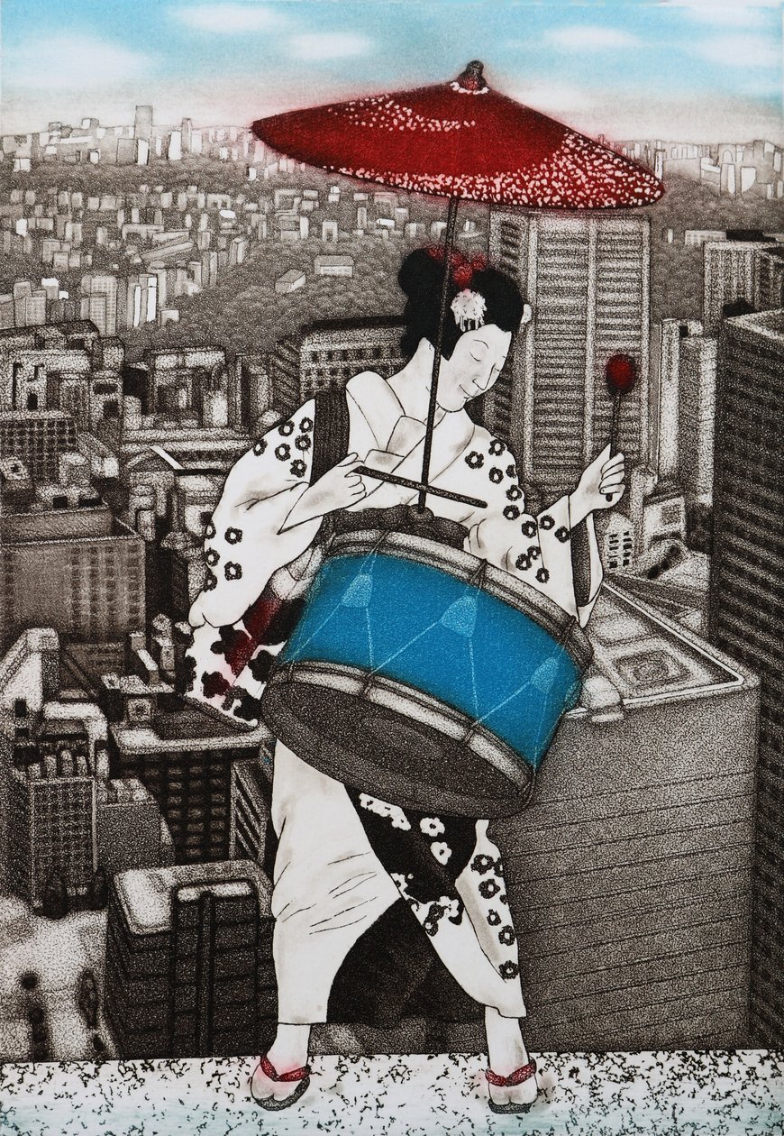 Une fille au tambour, 2007 (gravure en couleur) - Emiko Aida