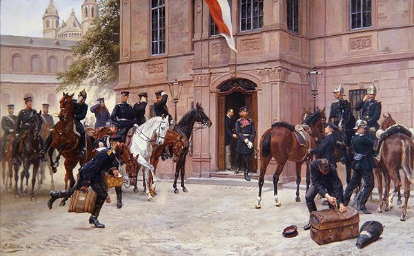 Le prince héritier Ludwig IV de Hesse-Darmstadt disant adieu à Cornelius Heyl, devant Schlosschen, Worms, avant de partir pour la bataille de Sedan en 1870 - Emil Huenten
