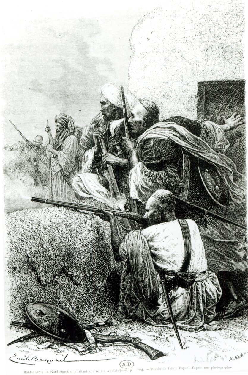 Troupes de montagne afghanes du nord-ouest combattant contre les Britanniques, gravé par H. Koch - Emile Antoine Bayard
