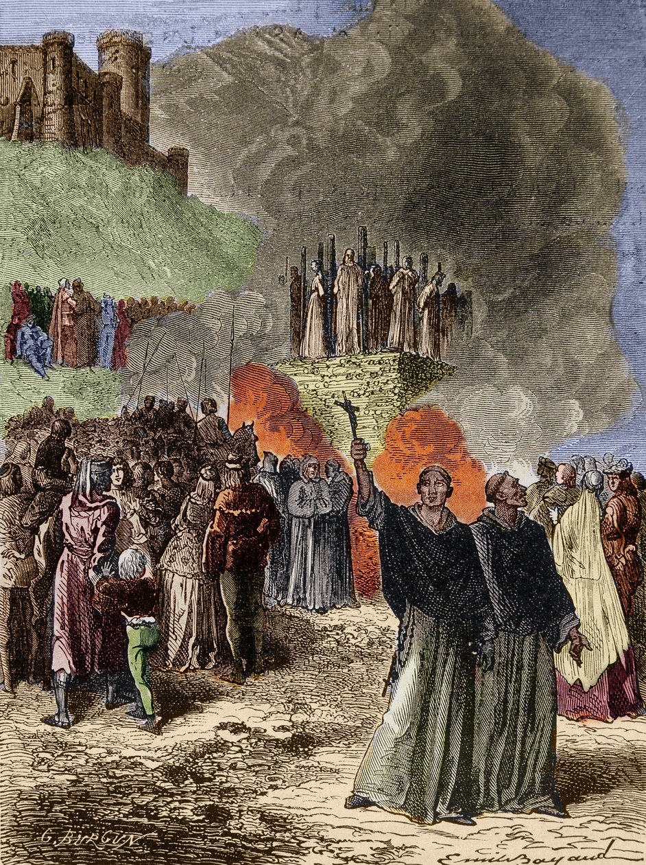 Croisade contre les Albigeois - Les derniers défenseurs de Montségur (Cathare) brûlés sur le bûcher en 1244 - Gravure par Emile Bayard d