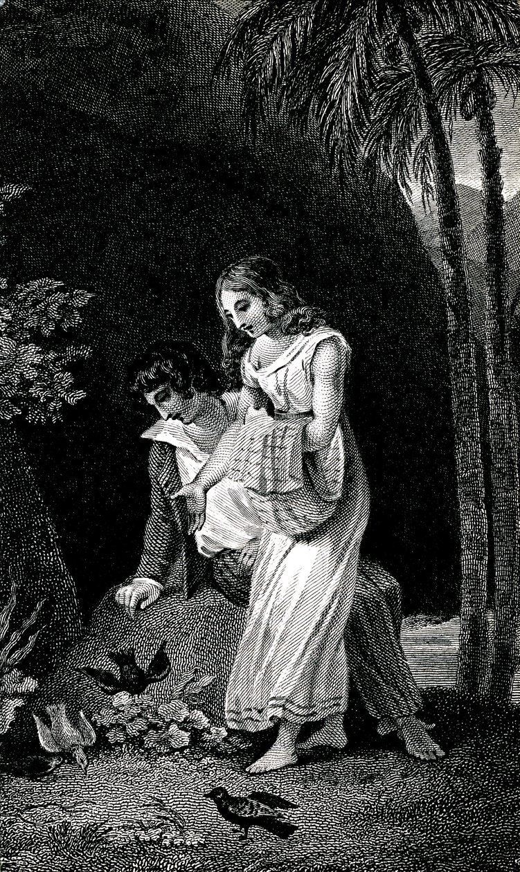 Gravure illustrant une édition de la fin du 19e siècle du roman de Jacques-Henri Bernardin de Saint-Pierre : Paul et Virginie. Les oiseaux viennent se poser sans crainte près du jeune couple d