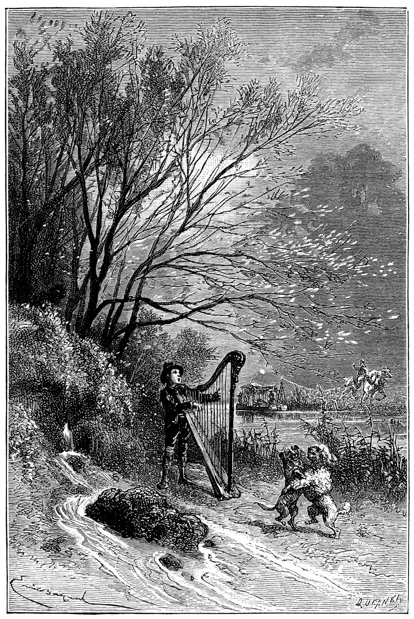 Illustration pour le roman de Hector Malot « Sans Famille » : Rémi chante avec la harpe tandis que ses amis dansent, les animaux savants de la troupe de Monsieur Vitalis, les deux chiens Capi et Dolce - musicien de rue, saltimbanque - Emile Antoine Bayard