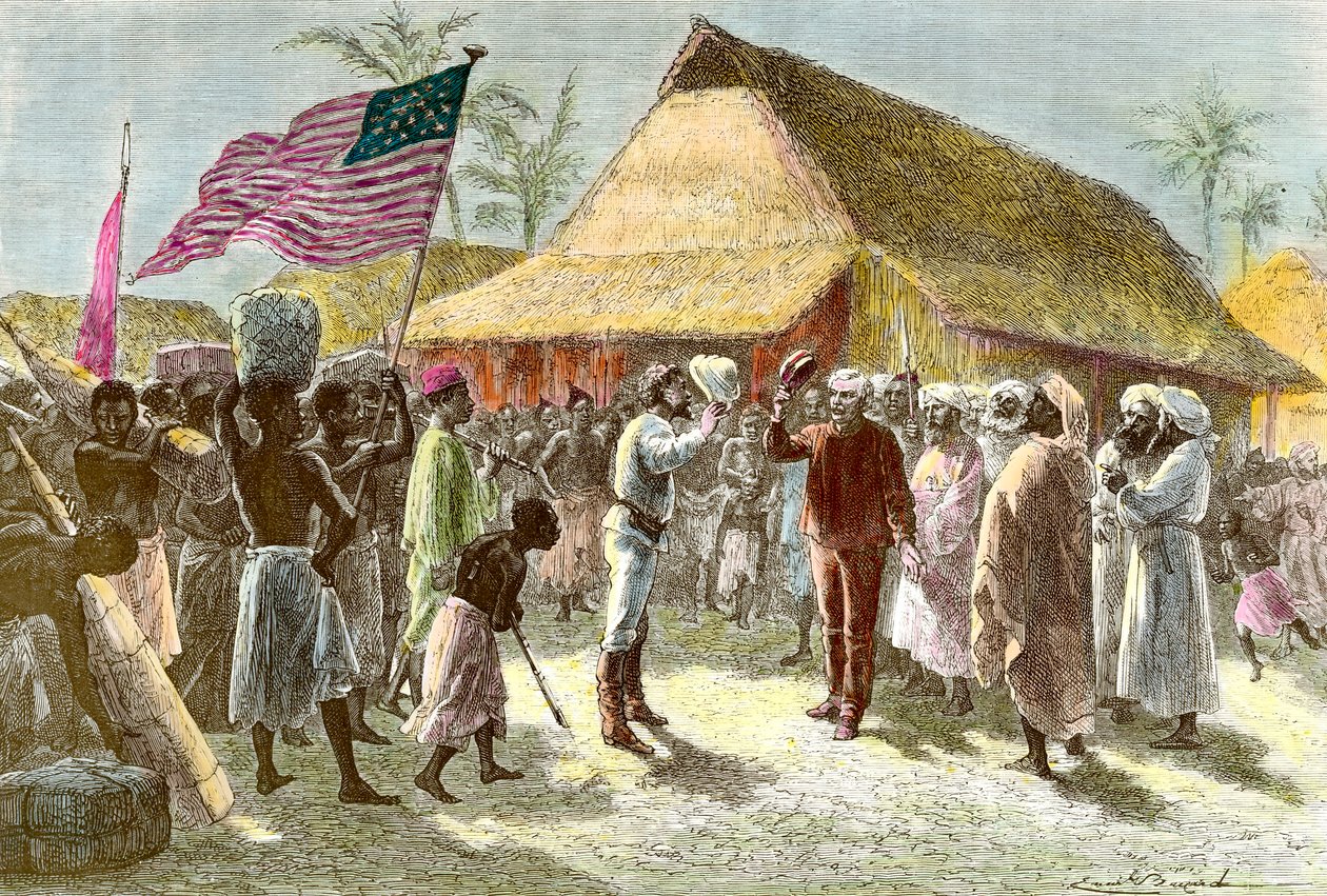 Rencontre à Ujiji sur les rives du lac Tanganyika entre Henry Morton, explorateur et journaliste gallois (1841-1904) et David Livingstone, missionnaire écossais explorateur du continent africain (1813-1873), le 10 novembre - Emile Antoine Bayard
