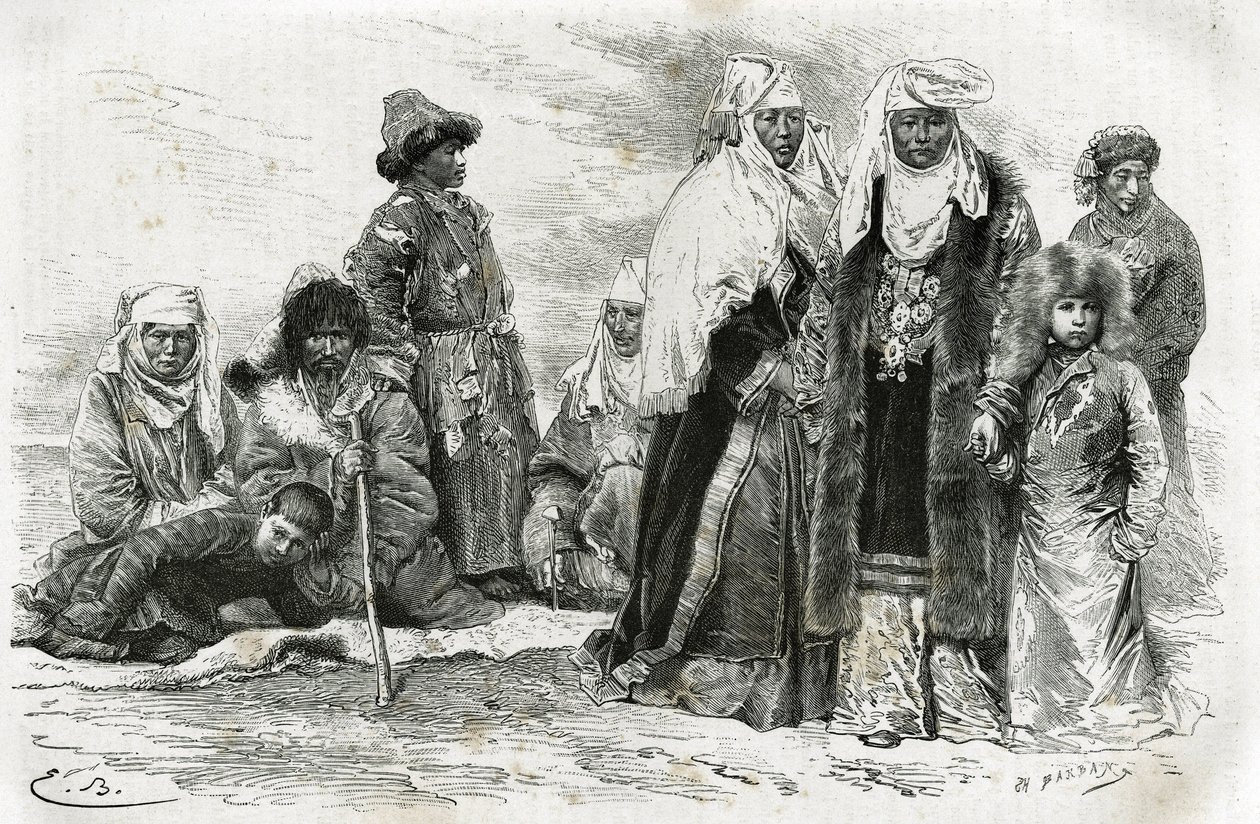 Femmes kirghizes pauvres et riches. Gravure par Émile Bayard, pour illustrer les impressions de voyage d