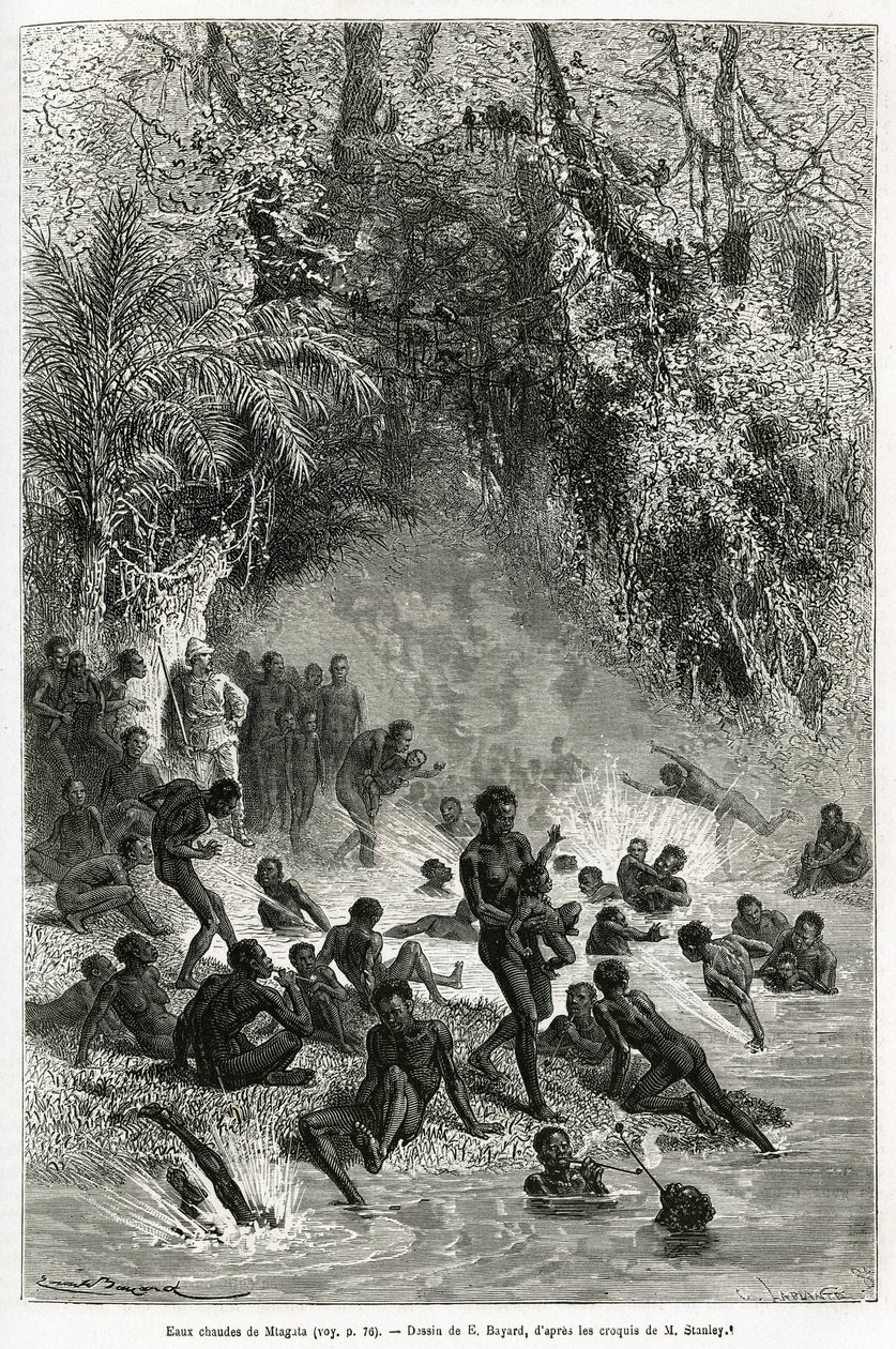 Sir Henri Morton Stanley au milieu des baigneurs de la région de Karagoué (Cameroun), qui plongent dans le bassin d