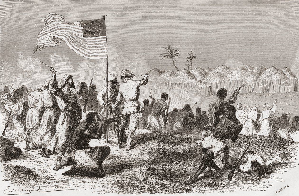 Attaque de Stanley sur Zimbizo lors de son expédition en 1871, illustration de 