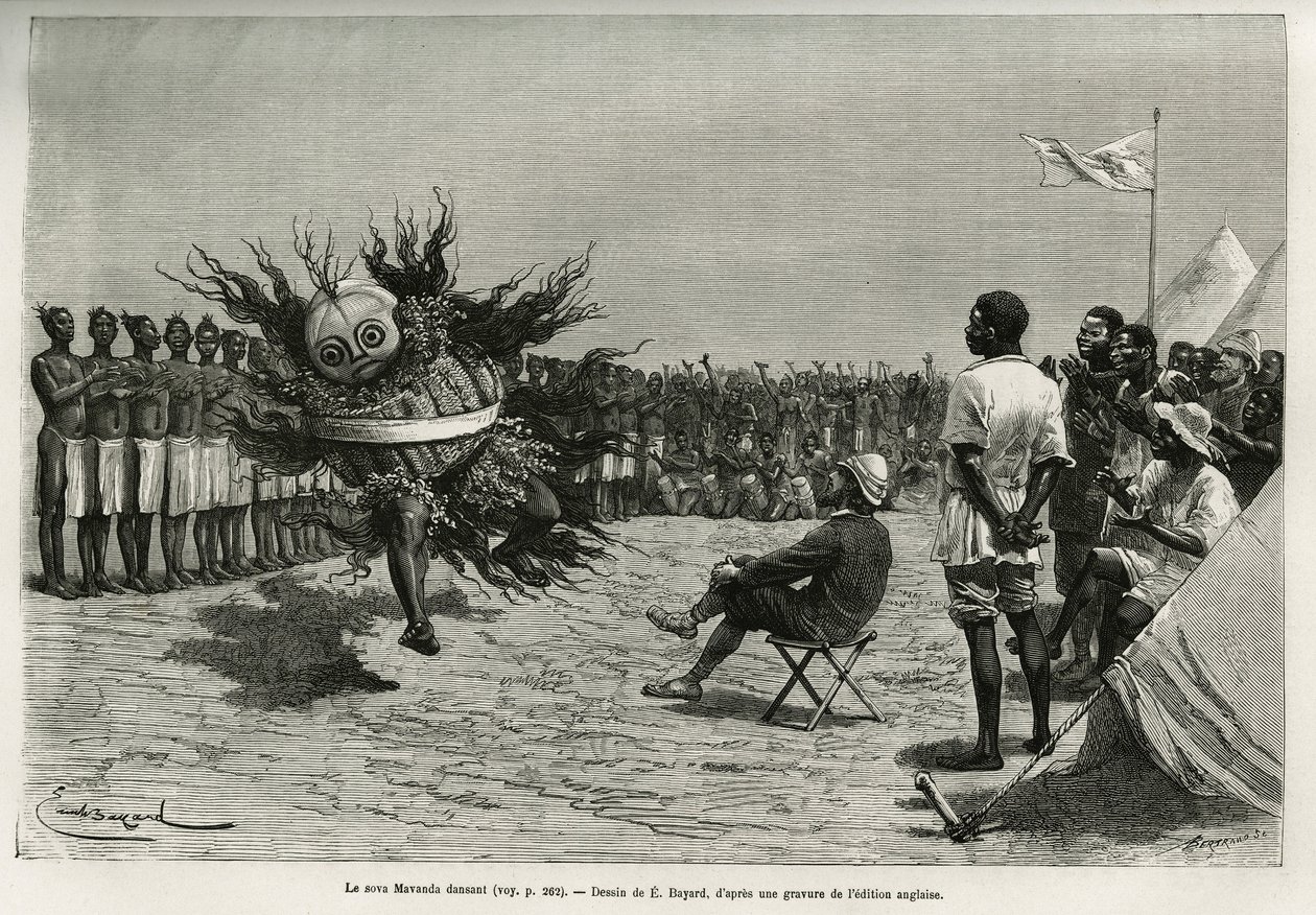 Le Sova Mavanda (roi), entouré de ses hommes qui psalmodient un chant monotone, dansant devant le major. Gravure d