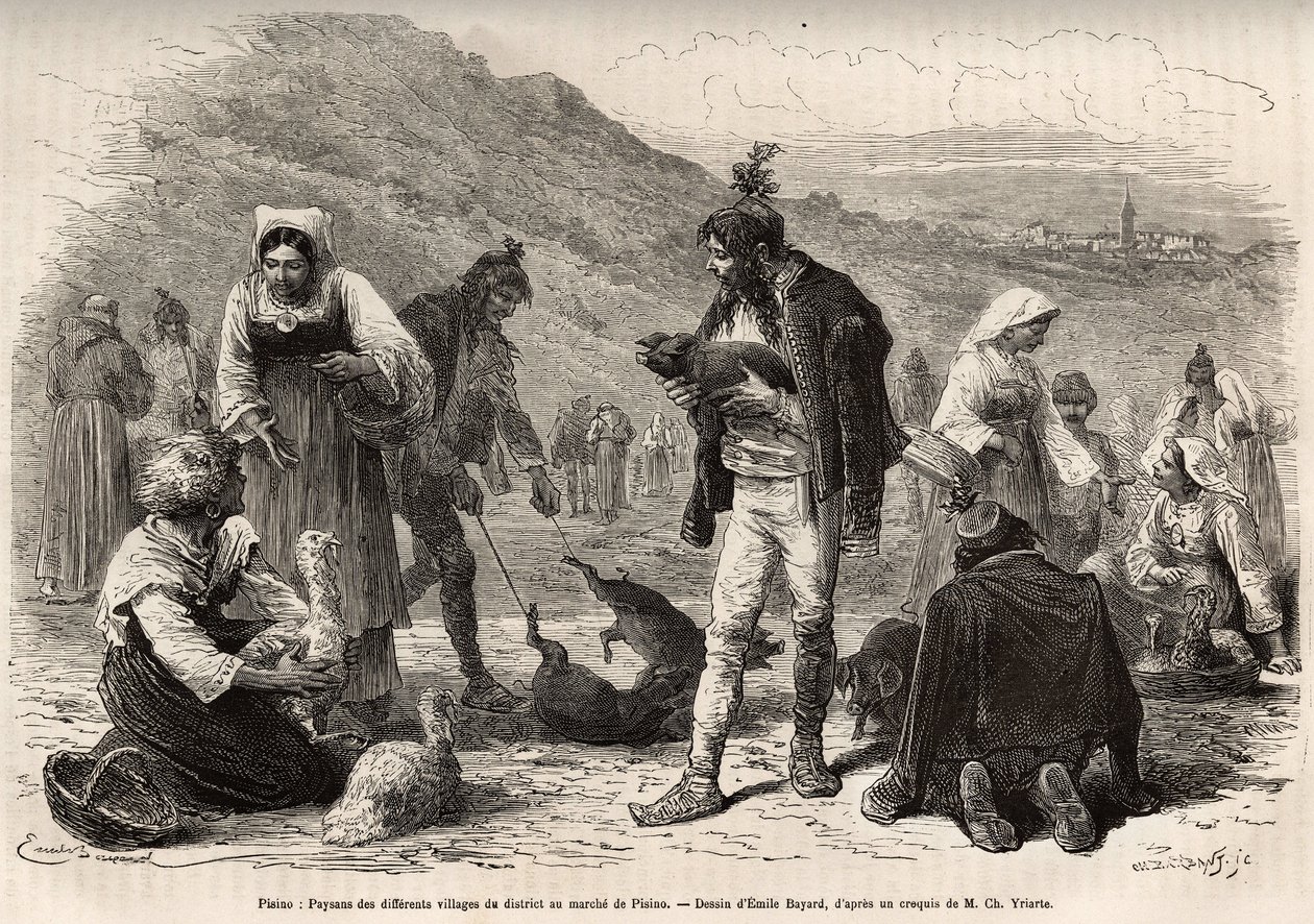 Les paysans des environs de Pisino (Croatie), se rassemblent pour la vente de leurs produits agricoles sur le marché : volaille, porcelets..., gravure d