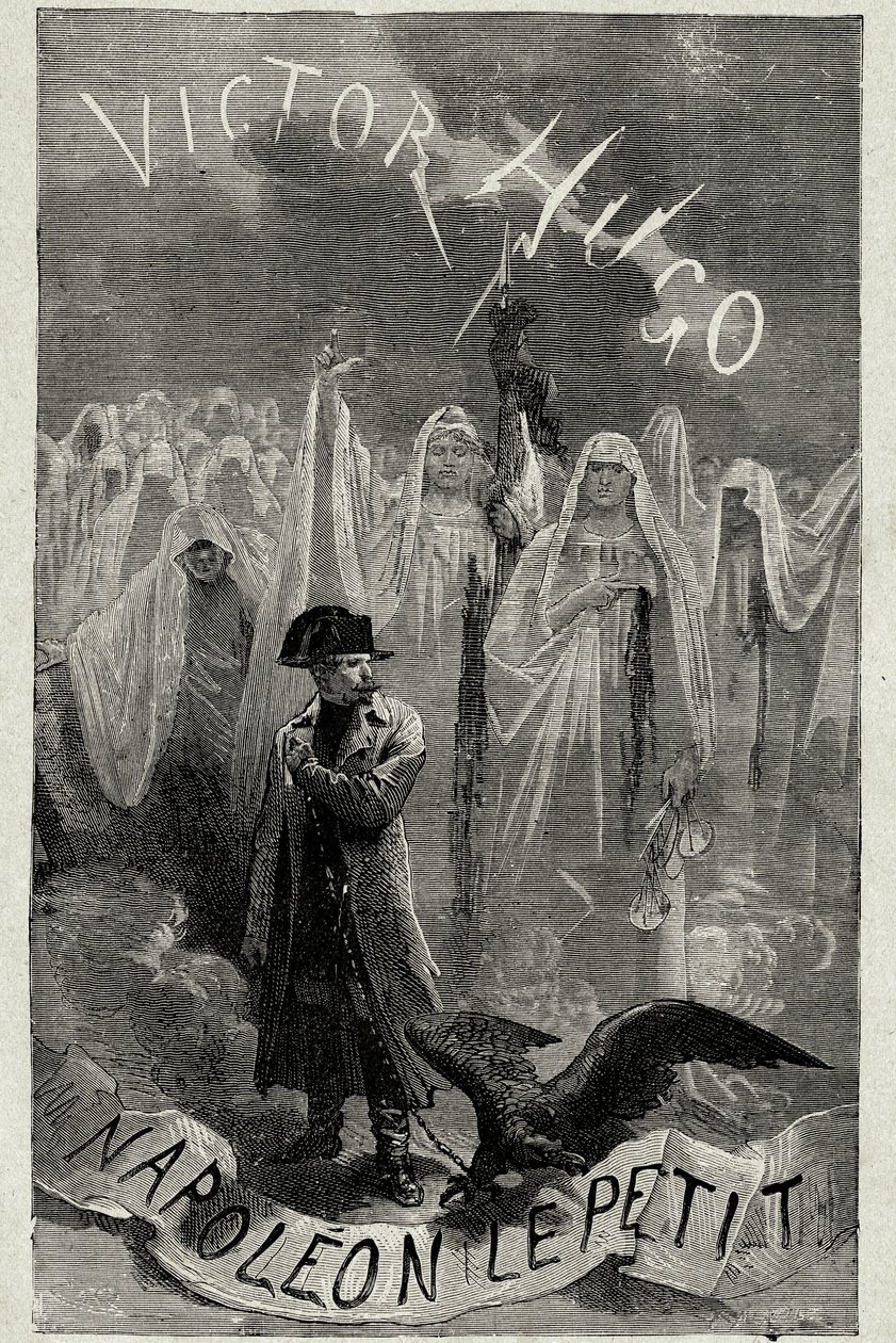 Page de titre du livre de Victor Hugo « Napoléon le Petit » (Napoléon III tenant une chaîne d