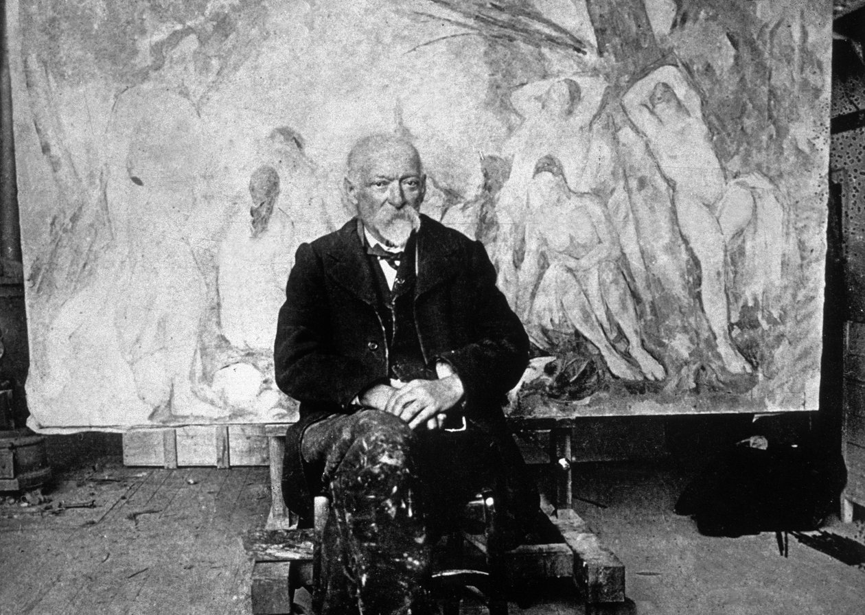 Paul Cézanne (1839-1906) peintre français en 1904 devant une de ses toiles montrant des nageurs - Emile Bernard