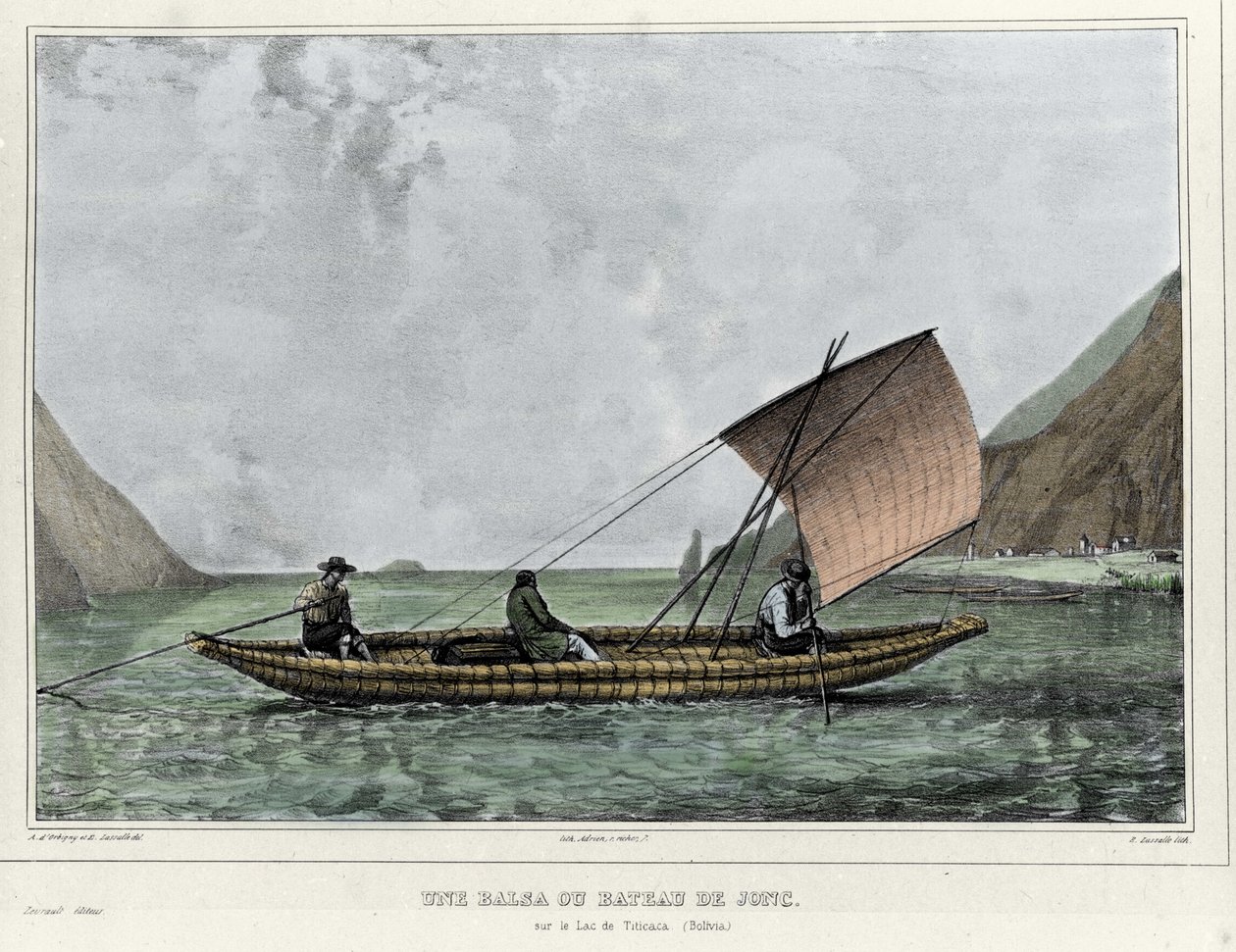 Une balsa ou un bateau de roseaux sur le lac Titicaca (Bolivie). Lithographie par Emile Lassalle - dans « Voyage dans l