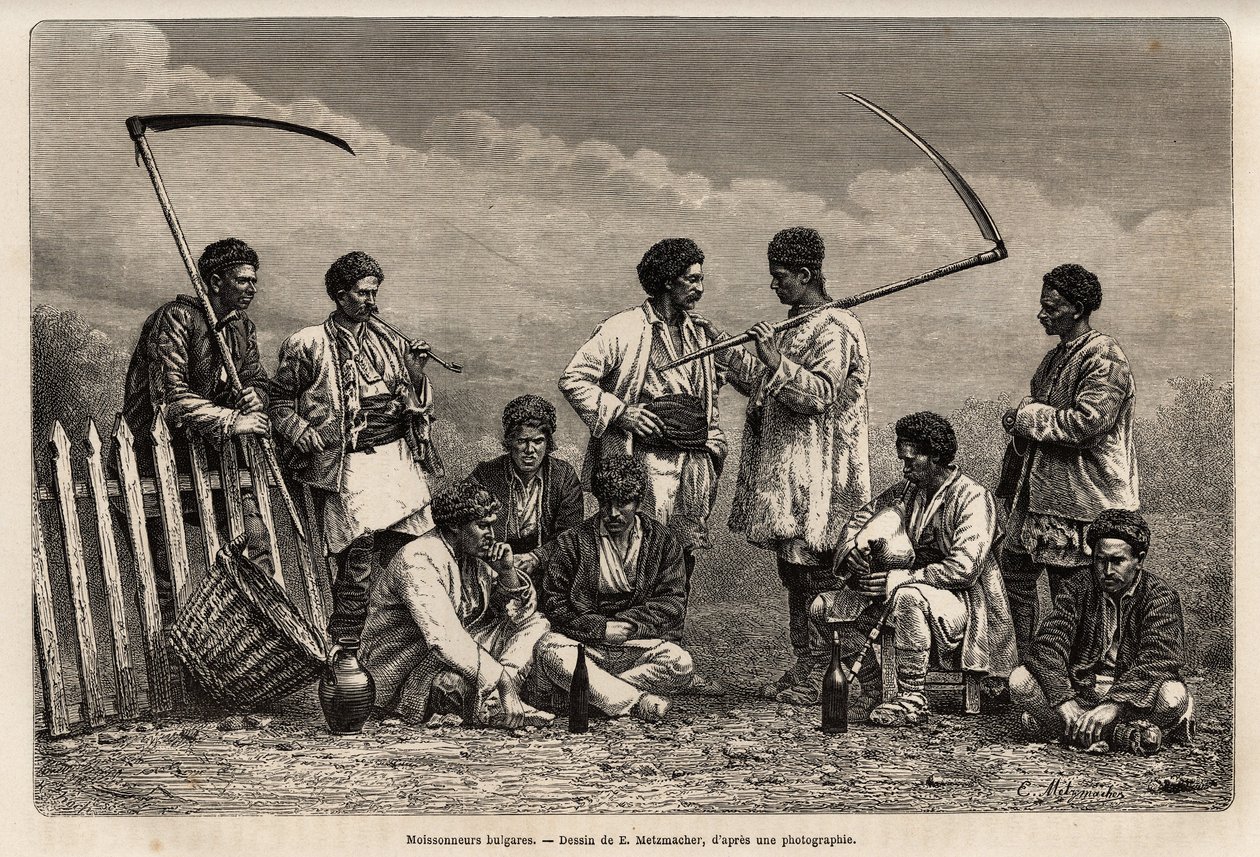 Les moissonneurs bulgares pendant leur pause, avec leurs faux et les objets de leur labeur quotidien : pipe, bouteille de vin et une sorte de biniou, gravure d
