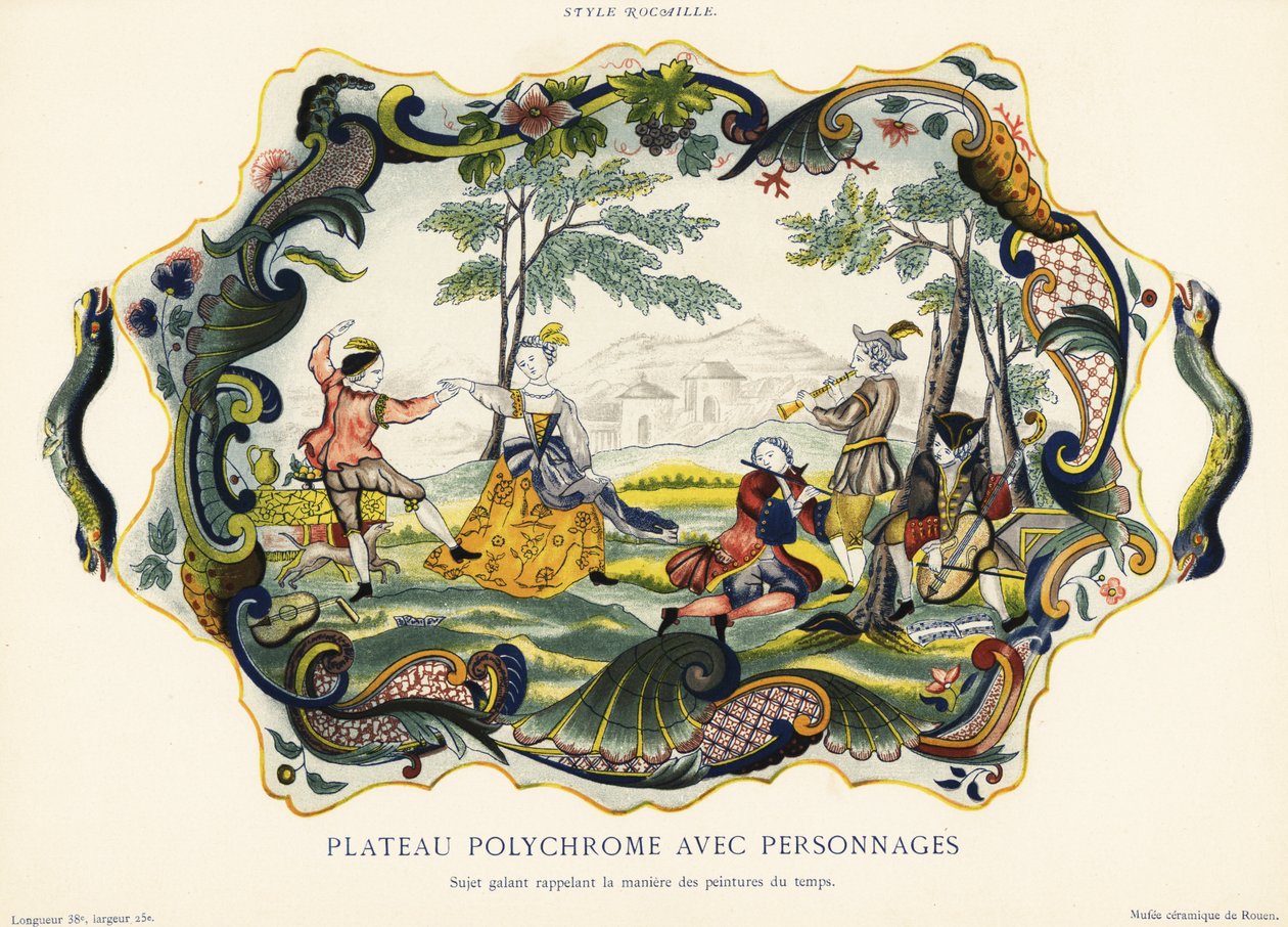 Plat avec des figures dans le style rocaille, Rouen, 1870 (chromolithographie) - Emilie Pottier