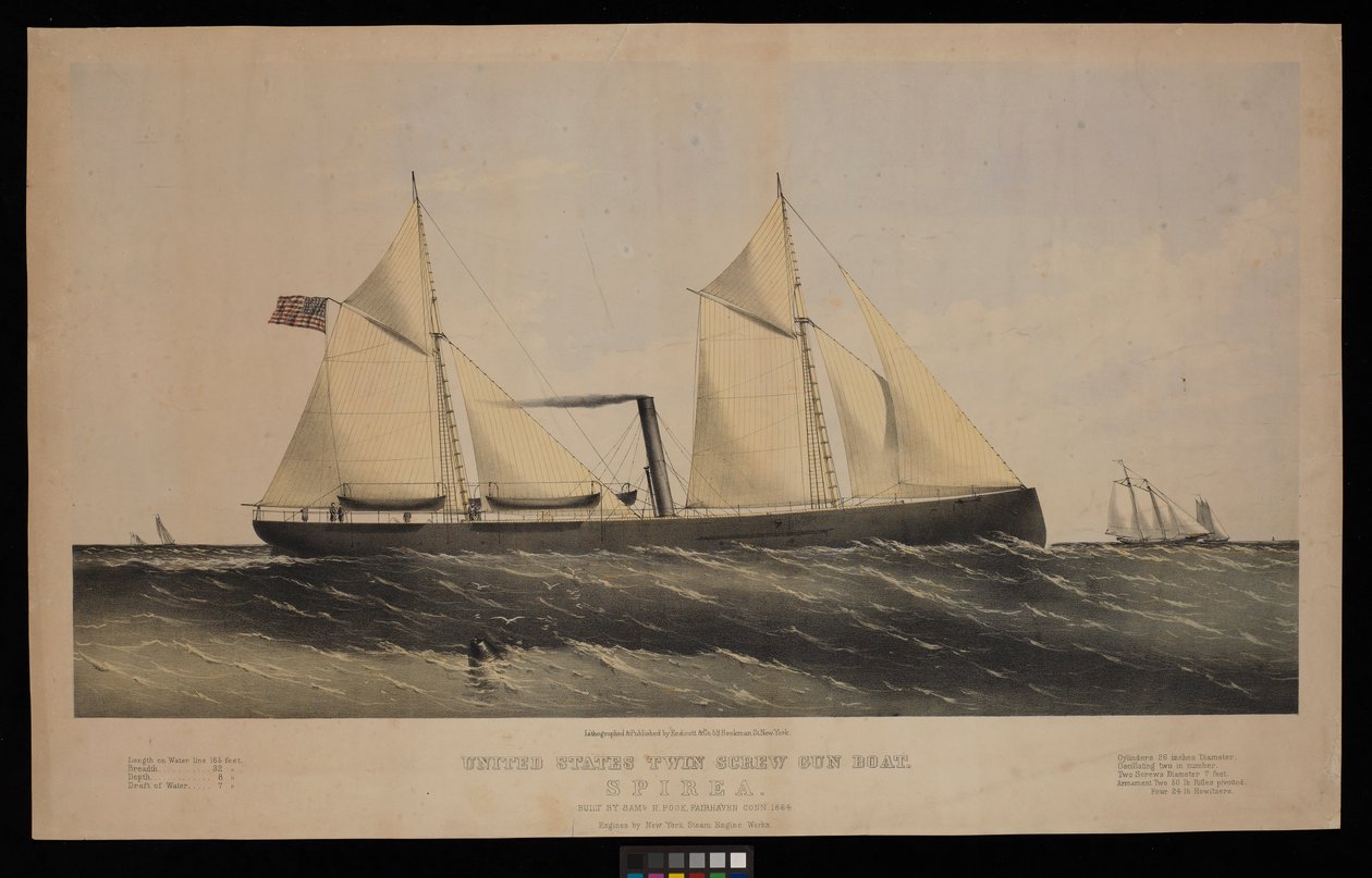 Canonnière à double hélice des États-Unis. Spirea. Construite par Saml H Pouk Fairhaven Conn. 1864... (lithographie, colorée) - Endicott Endicott