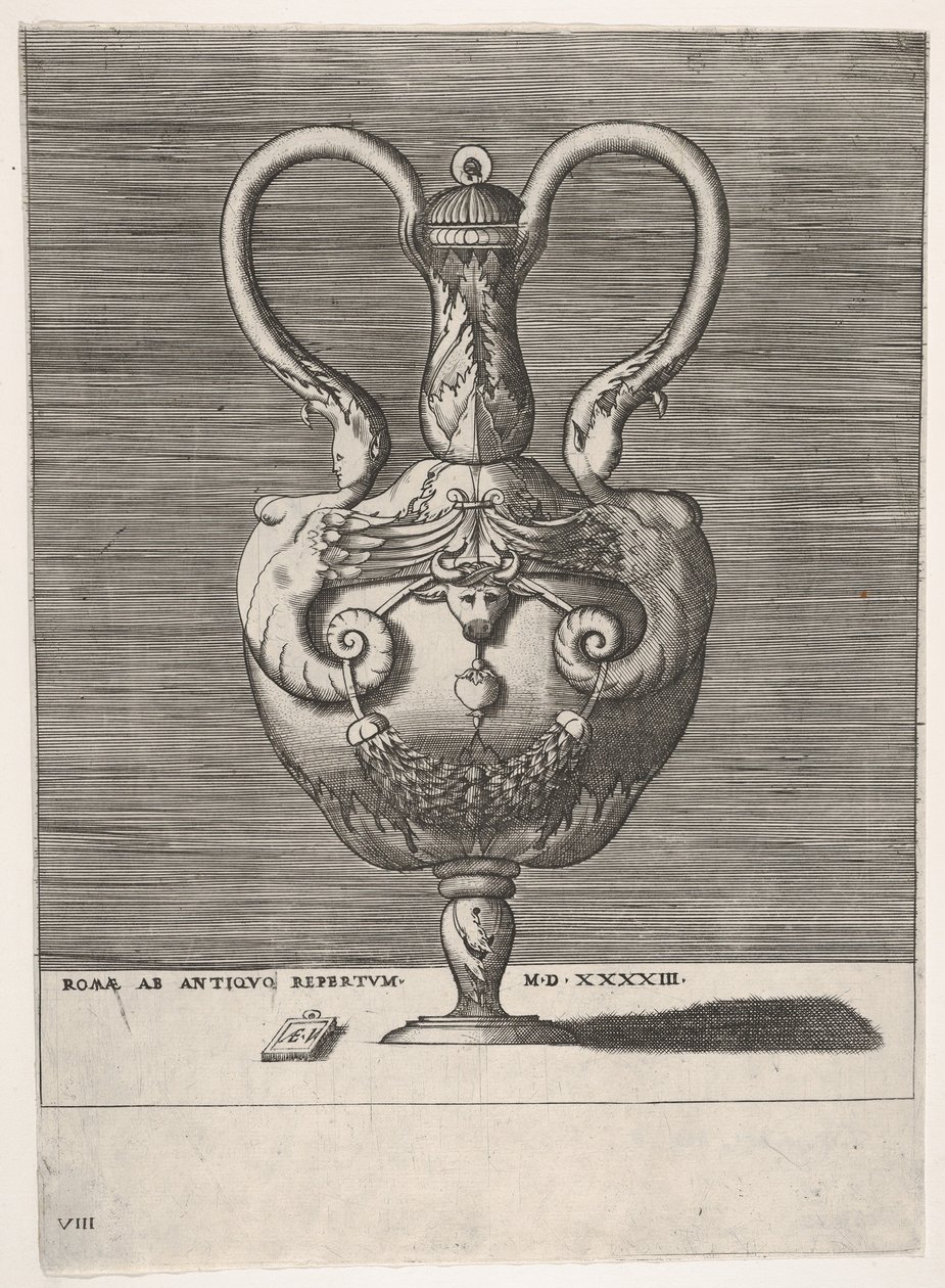 Vase antique avec couvercle et deux poignées émergeant des têtes de sphinx hybrides..., 1543 ou après - Enea Vico