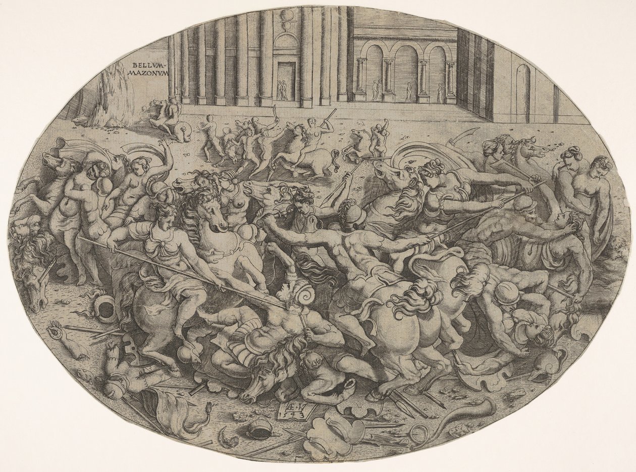 Combat entre Amazones et hommes devant des arcades architecturales, une composition ovale - Enea Vico