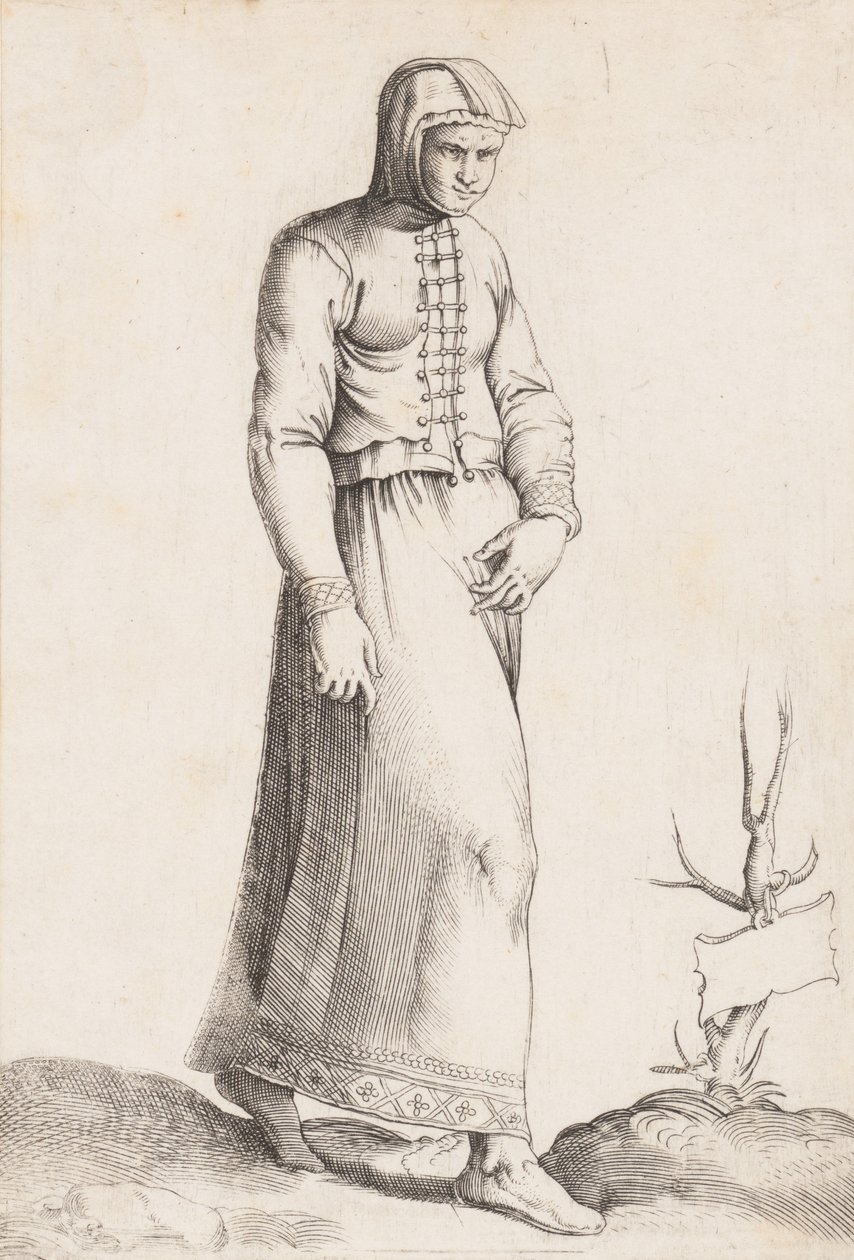 Planche de costume : Femme avec vêtement à capuche, ca. 1557-58 - Enea Vico