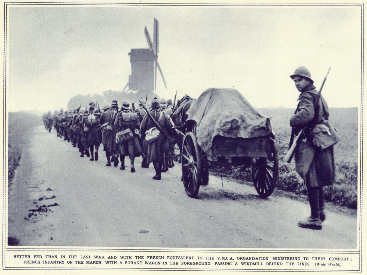 Infanterie française en marche, avec un chariot de fourrage au premier plan, de The Illustrated War News, publié le 22 novembre 1939 - English Photographer