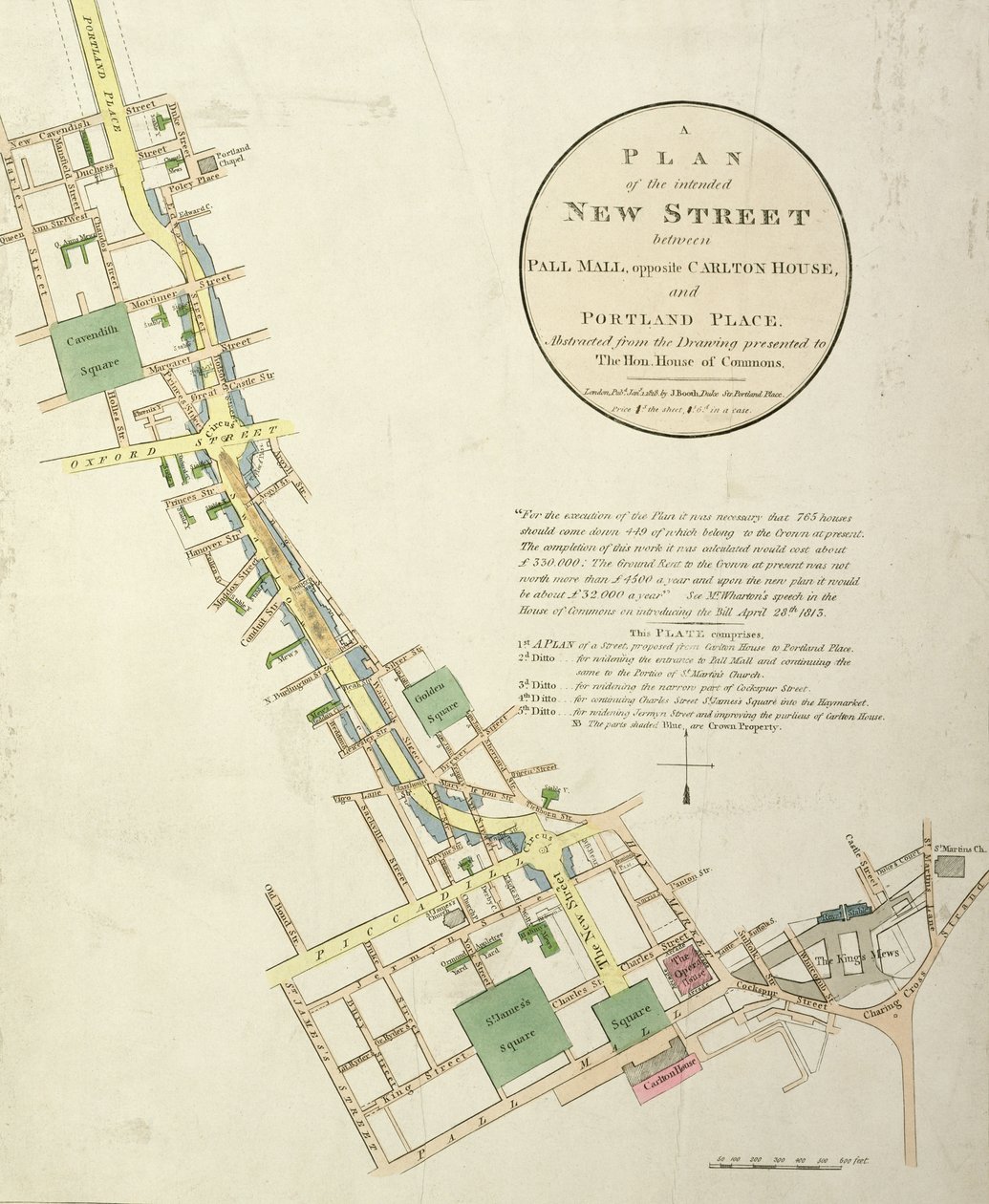 Plan de la nouvelle rue prévue entre Pall Mall, en face de Carlton House, et Portland Place, conçu par John Nash, publié par J. Booth, 1818 - English School