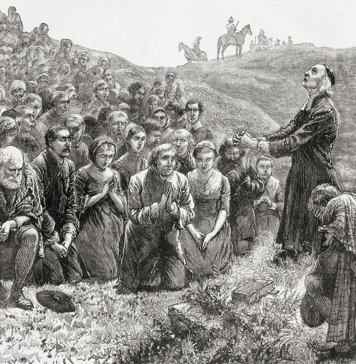 Réunion de prière des Covenanters au XVIIe siècle, illustration de 
