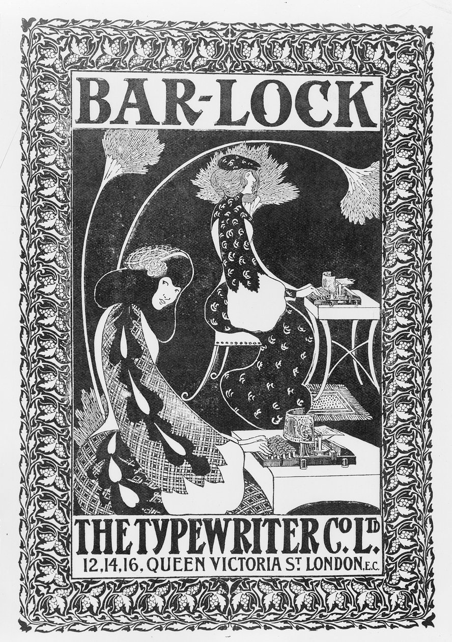 Publicité pour les machines à écrire Bar-Lock, vers 1895 - English School