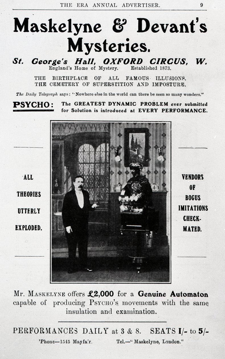 Publicité pour les mystères de Maskelyne et Devant - English School