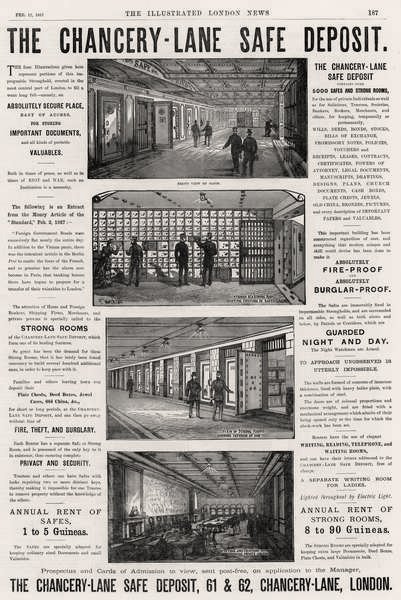 Publicité pour The Chancery Lane Safe Deposit, de The Illustrated London News, 12 février 1887 - English School
