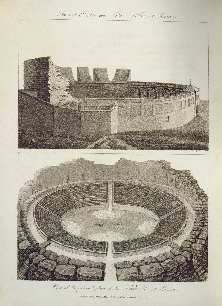 Théâtre antique, maintenant une Plaza de Toros, et vue du plan au sol de la Naumachie, à Mérida, pub. par Henry Colburn, 1816 - English School