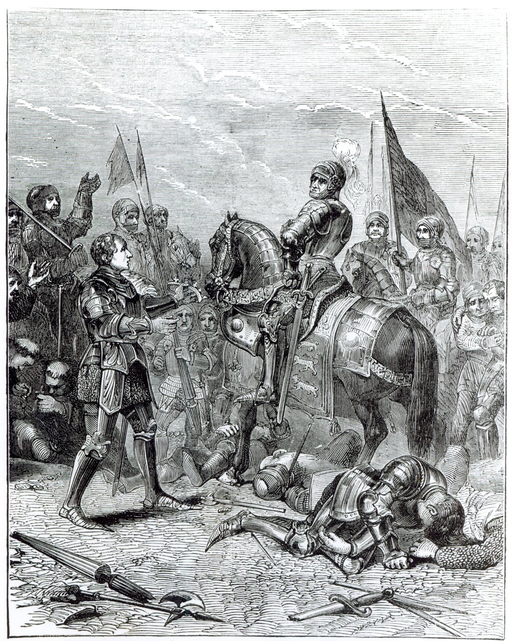 Bataille de Bosworth Field : Lord Stanley apportant la couronne de Richard III à Richmond, 22 août 1485 - English School