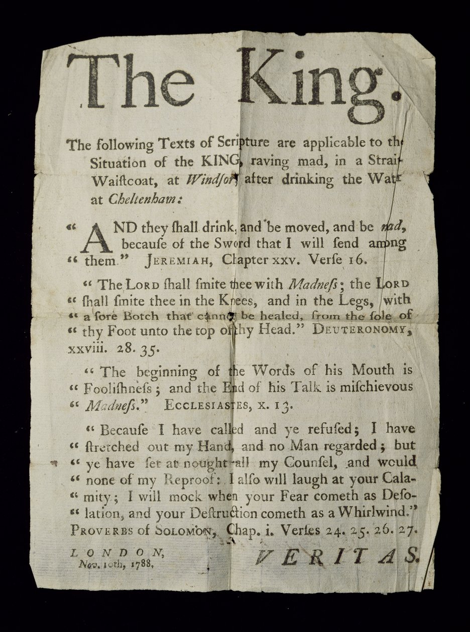 Broadsheet discutant de la folie du roi George III, 1788 - English School