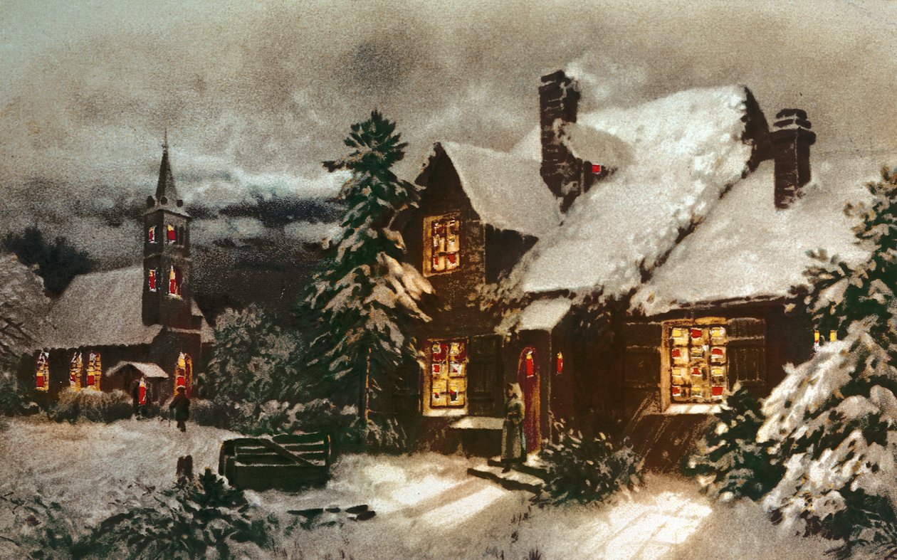 Église et cottage avec fenêtres éclairées - English School