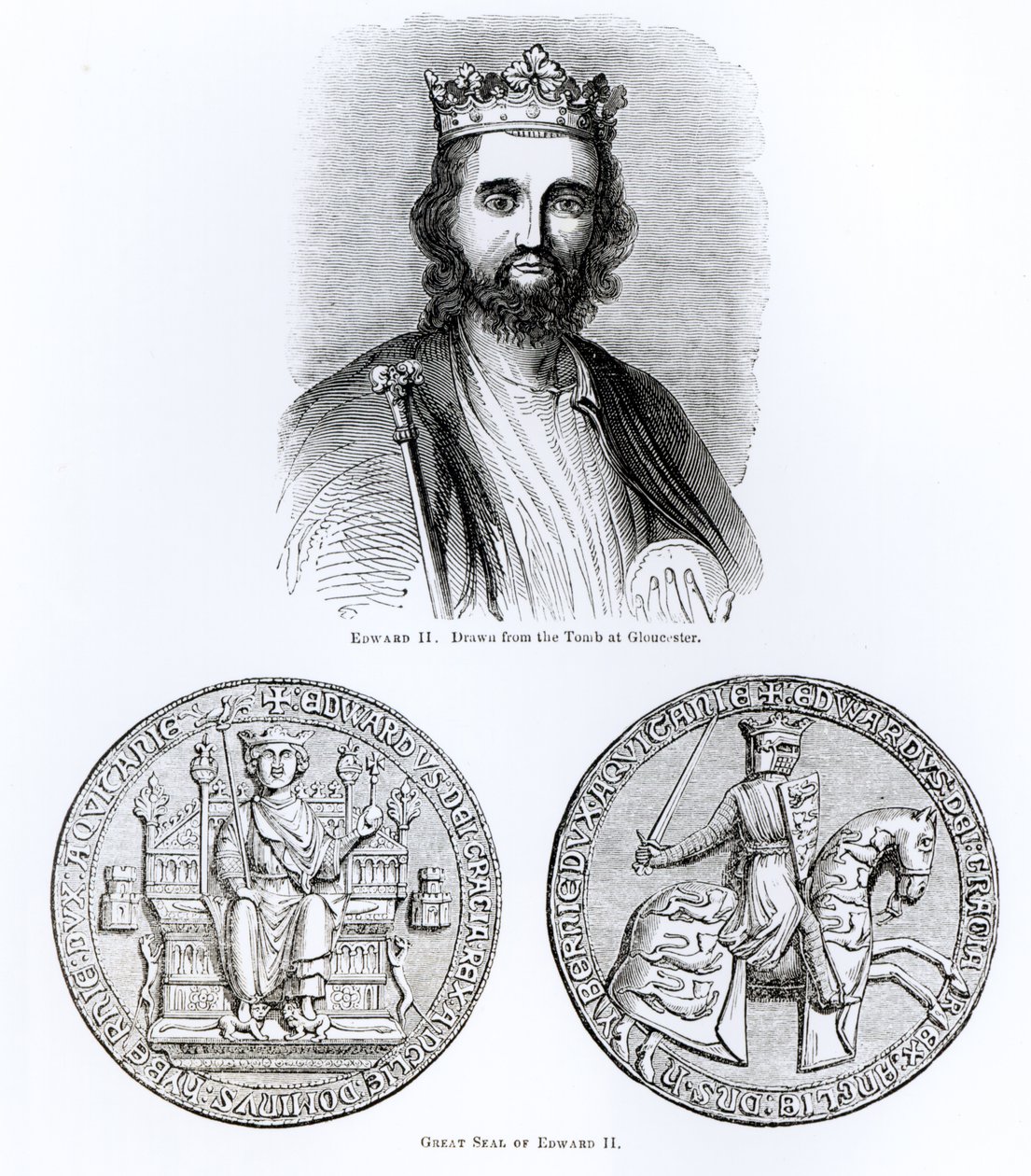 Édouard II (1284-1327) dessiné à partir du tombeau à Gloucester, et le Grand Sceau - English School