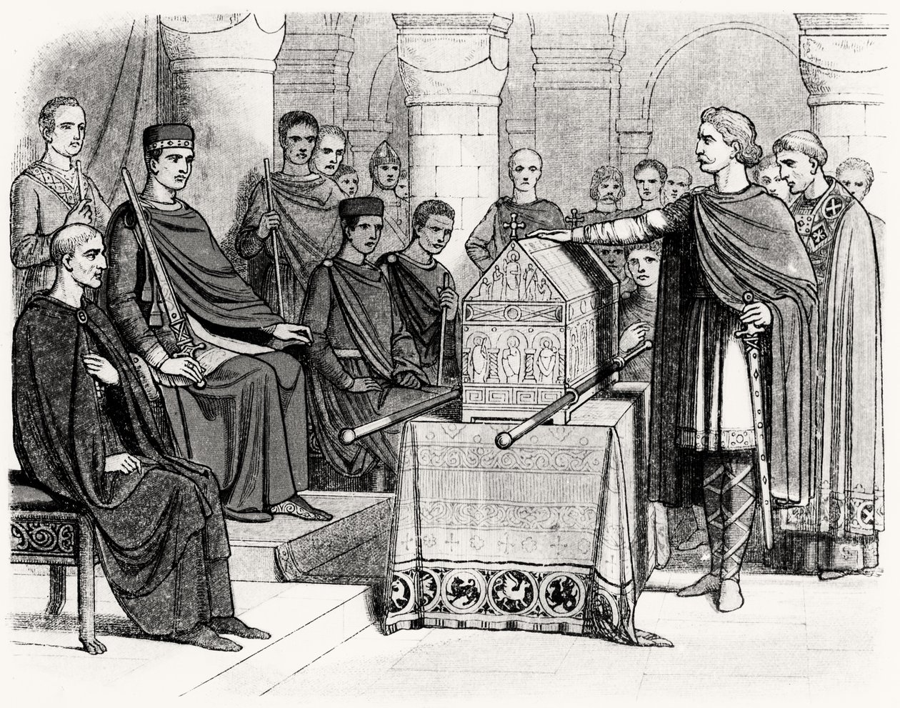 Harold II (c.1022-66) prêtant serment de respecter la donation du trône à Guillaume Ier, le Conquérant (c.1028-87) par Édouard le Confesseur (c.1003-66), c.1064 - English School