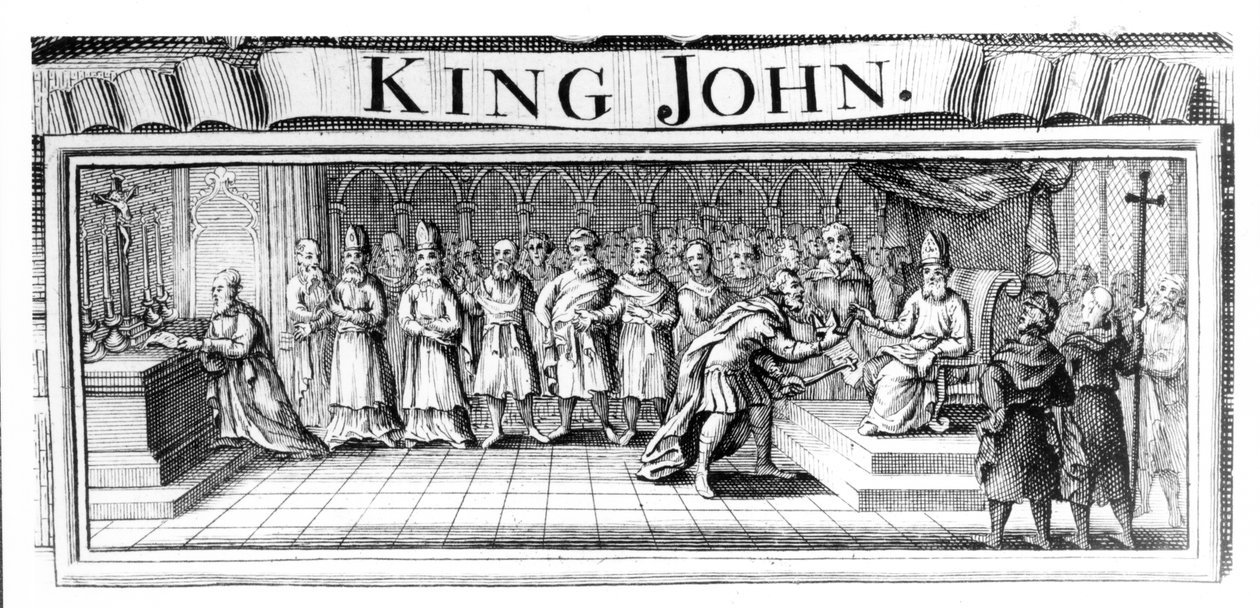 Le roi Jean rend sa couronne à Pandulph Masca, légat papal, à Douvres en mai 1213 - English School