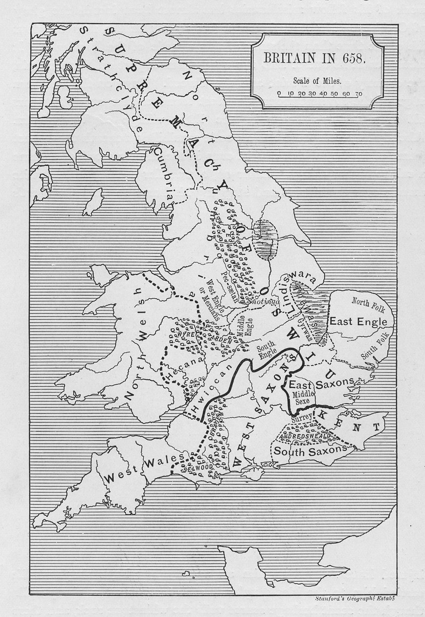 Carte de la Grande-Bretagne en 658, produite par Stanford