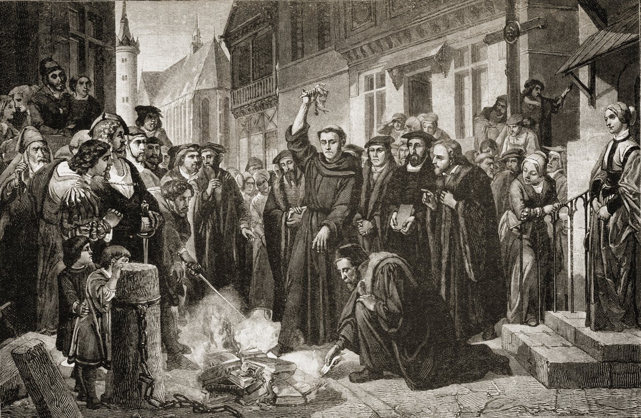 Martin Luther (1483-1556) brûlant la bulle papale en 1520 - English School