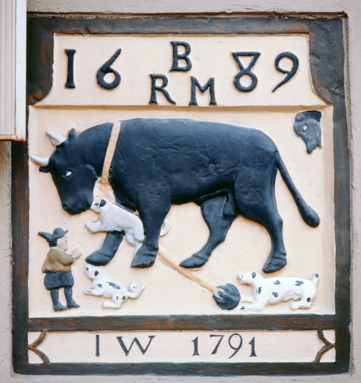 Enseigne de pub du Bull and Dog (anciennement le Black Bull) 1689 - English School