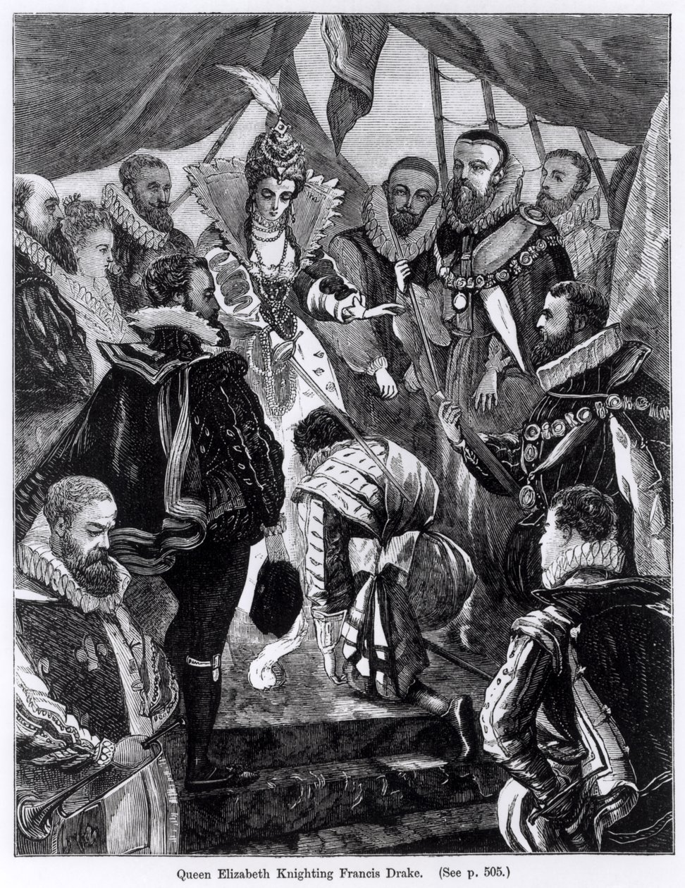 La reine Élisabeth I (1530-1603) adoubant Francis Drake (vers 1540-96) en 1581 - English School