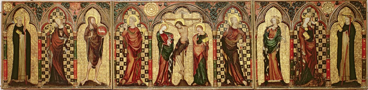 Retable représentant la Crucifixion avec huit saints, vers 1300 - English School