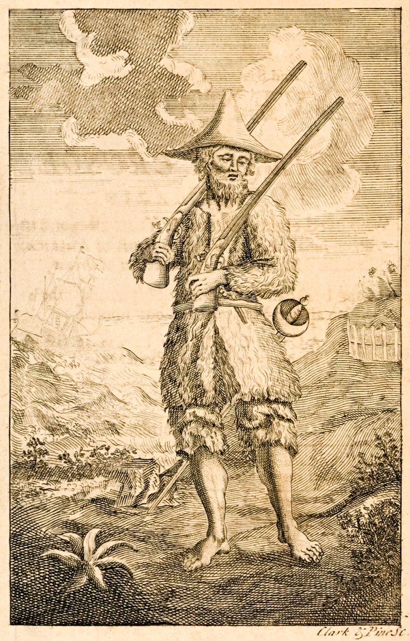Illustration de frontispice de Robinson Crusoé montrant l
